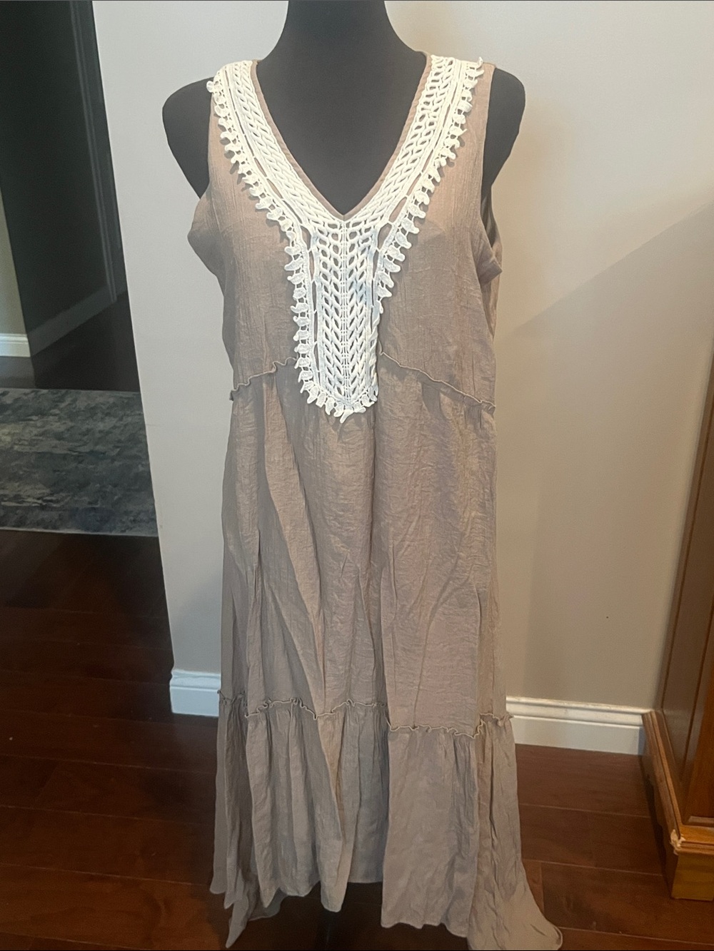 NY Collection Taupe High-Low Maxi Dress with White Crochet V-Neck